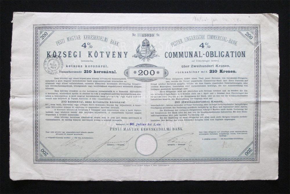 Pesti Magyar Kereskedelmi Bank községi kötvény 200 korona 1896